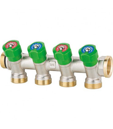 Collecteur sanitaire 4 departs DN 20(3/4"),PN16, verrouillable controle ACS laiton
