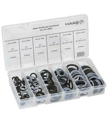 Assortiment de joints solaires dim.: DN 10 (3/8") x DN 25 (1") contenu150 pcs."