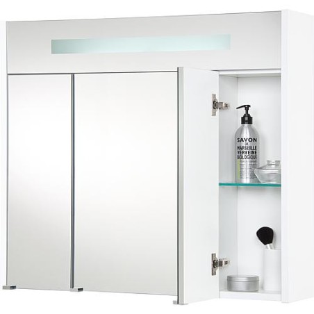 Armoire à glace + eclairage en visiere Blanc brillant - 3 portes 850x750x188 mm
