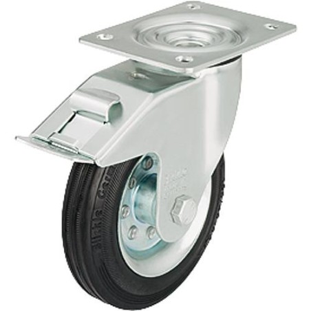 Roue de guidage caoutchouc av blocage LE-VE 200R-FI, charge 205 kg roue diam. 200mm, dim plaque 140x110mm