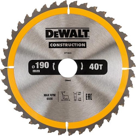 Lame de scie circulaire diam. 190 x 30 mm + 40 dents alternés convient pour DeWalt DWE575K