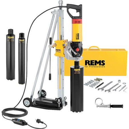 carotteuse a diamant Rems Picus S3 Set avec support de forage et 3 couronnes a fleurets. D 62/82/132mm