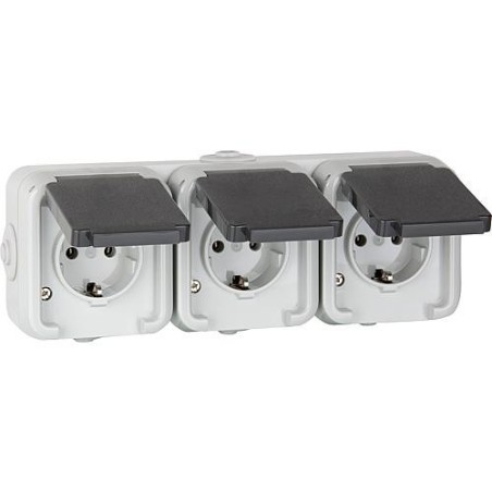 Prise de courant en saillie PEHA triple, IP44, schuko, gris, horizontal, D 6633 WAB