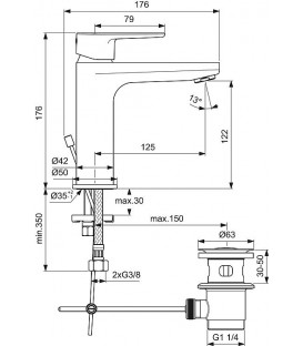 Mitigeur lavabo Ideal Standard Cerafine O, saillie de 126 mm, chromé, sans garniture d’écoulement