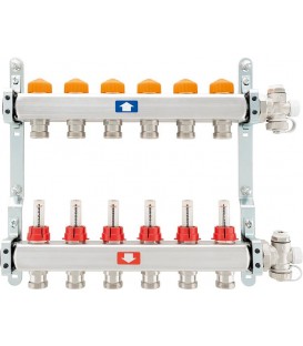 Collecteur de circuit de chauffage itap 918 CB Eclipse, DN25 (1") en acier inoxydable, 4 circuits de chauffage, avec débitmètre