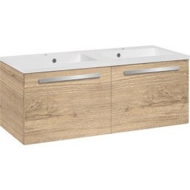 Meuble sous-vasque  + vasque en fonte minérale EBLI 2 tiroirs, chêne cendré, 1210x494x510mm