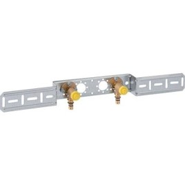 Cornière d’assemblage Mepla 90° avec plaque de montage double 20 mm-DN15 - 1/2 avec bouchon de protection