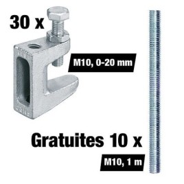 Lot avantageux d'attaches de fixation M10, plage de serrage 0-20 mm, 30 pièces + Tiges filetées M10 gratuites, 1 m, 10 pièces